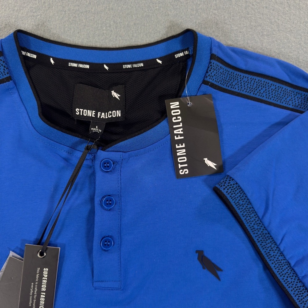 Stone Falcon Mens Henley Shirt Blue Black Short Sleeve Cotton Spandex Large NWT